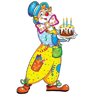 a clown with a third birthday cake